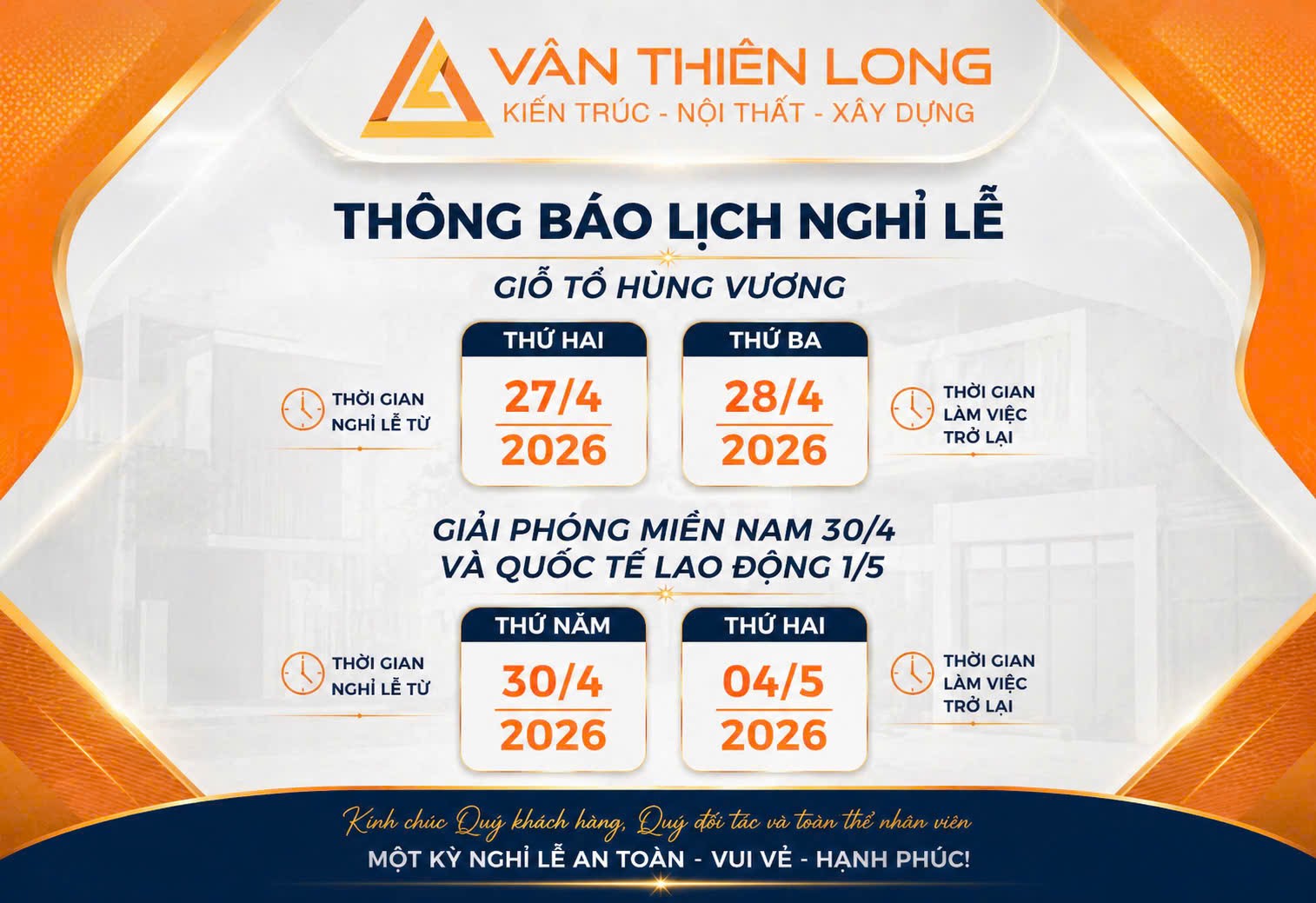 THÔNG BÁO NGHỈ LỄ 30/4 – 1/5